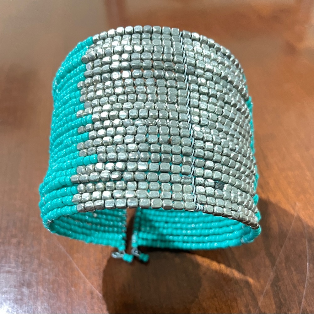 Turquoise and Silver Beaded Wide Bracelet Cuff